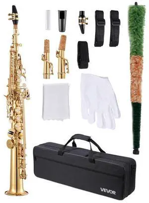 VEVOR Straight Soprano Saxophone, B Flat, Brass Saxophone Beginner Kit with Carrying Case, Mouthpiece, Cleaning Cloth Rod, Gloves, Neck Strap, 23 Keys Soprano Sax Kit, for Beginners Students, Gold