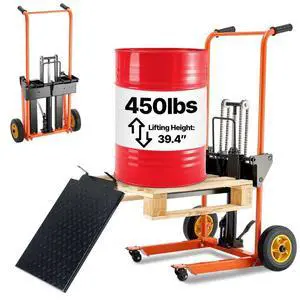 VEVOR Hydraulic Material Lift Winch Stacker, 450 lbs Load Capacity, Pallet Truck Dolly with Fork Lift Table, 39.4 Inches Max Lifting Height, Foldable & Portable Pallet Jack Table Cart, Yellow & Black
