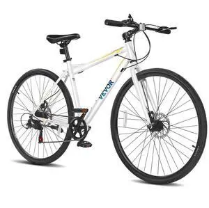 VEVOR Hybrid Bike, Lightweight Aluminum Frame Bike, 700c Wheel Men Women Hybrid Bicycle, Step-Over Adult Urban City Commuter Bikes, with 7 Speed, Alloy Adjustable Stem, Disc Brakes, Adjustable Seat