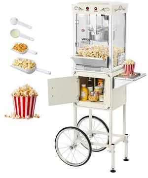 VEVOR Popcorn Machine with Cart, 8oz Stainless Steel Kettle, 800W Commercial Popcorn Maker, 48 Cups per Batch Theater Style Popper, with 2-Button Control Glass Wall PC Door 1 Scoop 3 Spoons, White