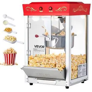 VEVOR Popcorn Machine, 8oz Stainless Steel Kettle, 800W Commercial Countertop Popcorn Maker, 48 Cups per Batch Theater Style Popper, with 2-Button Control Glass Wall PC Door 1 Scoop 3 Spoons, Red