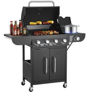 VEVOR Gas Grill, 4 Burner Propane Gas Grill with Side Burner, 425 SQ.In Grilling Area, Carbon Steel Enamel Grates, Outdoor 52,000 BTU Patio Garden BBQ Grills with Two Side Shelves, Carbon Steel