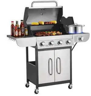 VEVOR Gas Grill, 4 Burner Propane Gas Grill with Side Burner, 425 SQ.In Grilling Area, Carbon Steel Enamel Grates, Outdoor 52,000 BTU Patio Garden BBQ Grills with Two Side Shelves, Stainless Steel