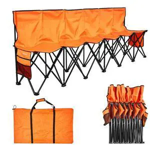 VEVOR Portable Folding Bench, 6 Seat Foldable Soccer Bench with Side Pockets and Carrying Bag, Lightweight Sideline Seating with Back Rest for Football, Baseball, Camping, Outdoor Events, Orange