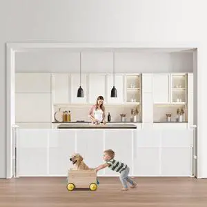 VEVOR Retractable Baby Gate, 34 inch Tall, Extends up to 110 inch Wide, Retractable Gate for Kids or Pets, Mesh Material, Easy to Install for Indoor Stairs, Doorways, Hallways, Playrooms, White