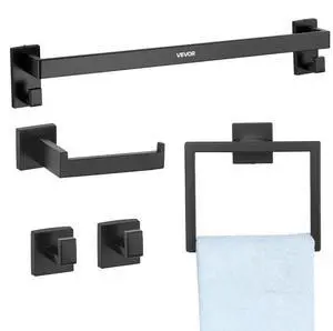 VEVOR Matte Black Bathroom Hardware Set, 5 Pieces Stainless Steel Bathroom Accessories Set, 24-inch Towel Bar, Towel Rack, 2 Robe Towel Hooks, Toilet Paper Holder, for Bath Room, Wall Mounted