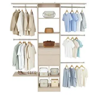 VEVOR Closet System with 2 Drawers, Adjustable Height Wooden Closet Organizers, Modern Walk-in Wardrobe Organization with 5 Retractable Clothes Hanger Rods, Freestanding Garment Rack Storage, Grey