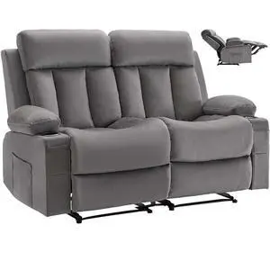 VEVOR Loveseat Recliner Sofa, Power Reclining Couch with Heating and Massage, Soft Velvet Electric Recliner Sofa with USB Ports, Cup Holders and Side Bags, Dual Loveseat Chair for Living Room, Grey