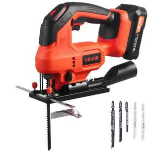 VEVOR Cordless Jig Saw, 20 V, 3000 SPM Blade Speed, Cordless Jigsaw with Battery and Charger, LED Light, 6 Variable Speed, 0- 45° Bevel Cuts, with 6 pcs Blades, 4 Orbital Settings, for Wood, Metal