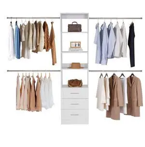 VEVOR Closet System with 3 Drawers, Adjustable Height Wooden Closet Organizers, Modern Walk-in Wardrobe Organization with 4 Retractable Clothes Hanger Rods, Freestanding Garment Rack Storage, White