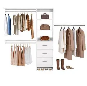 VEVOR Closet System with 3 Drawers, Adjustable Height Wooden Closet Organizers, Modern Walk-in Wardrobe Organization with 3 Retractable Clothes Hanger Rods, Freestanding Garment Rack Storage, White