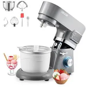 VEVOR Ice Cream Maker, 1.8 Qt. Capacity, 6-Speed Electric Stand Mixer, with LED Digital Display & Timer, Mixing Paddle, Dough Hook, Splash Guard, for Homemade Frozen Yogurt Fruit Sorbet Gelato, Grey