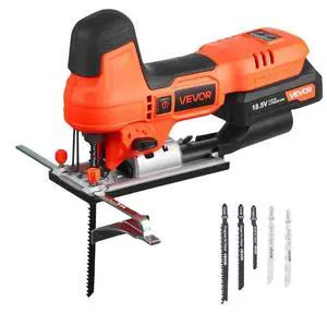 VEVOR Cordless Jig Saw, 20 V Brushless Motor, 3500 SPM Blade Speed, Cordless Jigsaw with 6 pcs Blades, LED Light, 6 Variable Speed, 0- 45° Bevel Cuts, 4 Orbital Settings for Straight/Circle Cutting