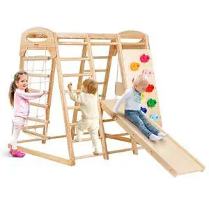VEVOR Indoor Jungle Gym, 7-in-1 Toddler Indoor Playground, 43 x 47.2 x 47 inch, with Wood and Rope Ladder, Net Ladder, Swing, Monkey Bar, Slide, Climbing Wall, Wooden Indoor Climbing Toys for Kids