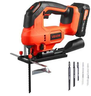 VEVOR Cordless Jig Saw, 20 V Brushless Motor, 3500 SPM Blade Speed, Cordless Jigsaw with 6 pcs Blades, LED Light, 6 Variable Speed, 0- 45° Bevel Cuts, 4 Orbital Settings, for Wood and Metal Cutting