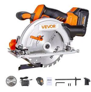 VEVOR Cordless Circular Saw, 6-1/2 inch Blade, 4700 RPM Speed, 0-45 Degree Bevel Capability, Brushless Motor, LED Light, Electric Circular Saw Kit with Battery and Charger Included, for Wood Cutting