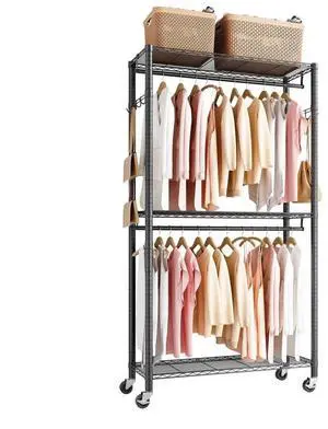 VEVOR Rolling Clothes Rack, Heavy Duty Clothing Garment Rack, 3 Adjustable Tiers Clothing Racks with Carbon Steel, 450 lbs Load Capacity Closet Wardrobe for Bedroom, Clothing Store, Hallway