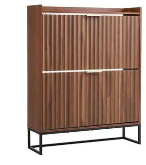 VEVOR Shoe Cabinet with 2 Flip Drawers, Mid-Century Shoes Storage Cabinet with Anti-Tipping Device, Freestanding Fluted Shoe Organizer, Ideal for Entrance, Hallway, Bedroom, Living Room, Walnut