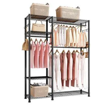 VEVOR Clothing Garment Rack, Heavy Duty Clothes Rack, 6 Adjustable Tiers Clothes Racks with Steel Frame, 800 lbs Load Capacity Closet Wardrobe with 3 Hanging Rods for Bedroom, Clothing Store, Hallway