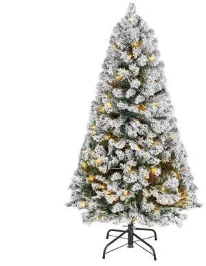 VEVOR Christmas Tree, 4ft Prelit Flocked Artificial Tree, Full Holiday Xmas Deco Trees with 120 Warm White LED Lights, 8 Lighting Modes & 539 Branch Tips for Home Party Office Decoration