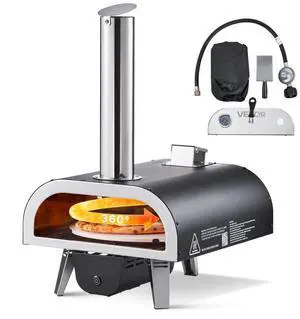 VEVOR Dual Fuel Pizza Oven Outdoor, 12 in Wood Fire & Propane Gas Pizza Oven, Pellet & Propane Pizza-Maker with Thermometer, Iron Spray Electric Rotation Pizza-Cook for Outside Camping & Backyard