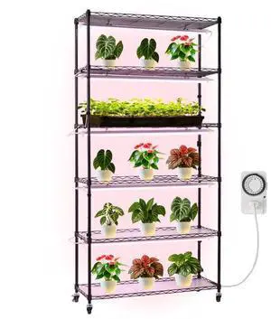 VEVOR Plant Shelf with Grow Light, 6-Tier Indoor Plant Stand, 71in Tall Indoor Plants Display Rack with Wheels & Timer, 150W 3800K Full Spectrum Grow Lights, Metal Flower Pot Holder for Seed Starting