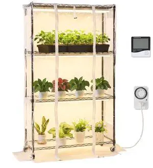 VEVOR Indoor Greenhouse with Grow Light, 59 in Tall 4-Tier Plant Stand with Clear Cover, Timer & Hygrometer, 180W Full Spectrum Grow Lights, Metal Lighted Plants Shelf Holder for Indoor Plants