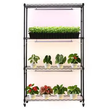 VEVOR Plant Shelf with Grow Light, 4-Tier Indoor Plant Stand, 59in Tall Plants Display Rack with Wheels, 90W 3-Color Full Spectrum Grow Lights, Heavy Duty Metal Flower Pot Holder for Seed Starting
