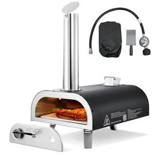 VEVOR Dual Fuel Pizza Oven Outdoor, 12 in Wood Fire & Propane Gas Pizza Oven, Portable Pellet & Propane Pizza-Maker with Thermometer, Iron Spray Black Shell Pizza-Cook for Outside Camping & Backyard