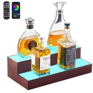 VEVOR LED Lighted Liquor Bottle Display, 2-Tier 16 Inch Whiskey Rack, Supports USB, Illuminated Home Bar Shelf with RF Remote & App Control, 7 Static Colors, Acrylic+ Wood Lighted Shelf for 8 Bottles