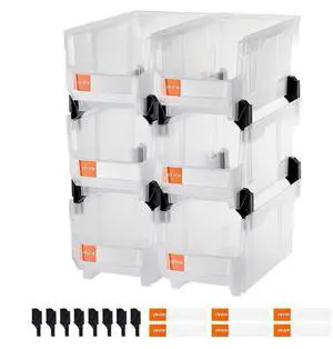 VEVOR Plastic Stackable Storage Bins, 14.8 x 8.5 x 7.1 inch (6 Pack), Plastic Containers for Organizing & Storage Bins for Closet, Garage, Small Parts, Office Supplies, Other Accessories, Transparent