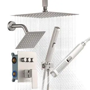 VEVOR Shower Faucet Set, 10 Inch Ceiling Mount Rainfall Shower System with 6 Inch Wall Mount Head and 2 in 1 Handheld Spray, Rotatable 3-Function Dual Rain Head Brass Valve & Trim Kit, Brushed Nickel