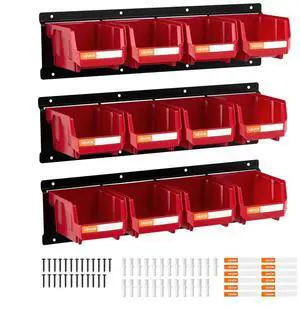 VEVOR Wall Mounted Storage Bins, 12 Plastic Bins & 3 Metal Rails, Plastic Hanging Stackable Storage Bin for Screws, Nuts, Bolts, Nails, Hardware Tool Organizer for Workshop, Craft Room, Garage, Red