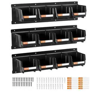 VEVOR Wall Mounted Storage Bins, 12 Plastic Bins & 3 Metal Rails, Plastic Hanging Stackable Storage Bin for Screws, Nuts, Bolts, Nails, Hardware Tool Organizer for Workshop, Craft Room, Garage, Black