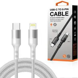 Power Delivery USB-C to 8-PIN Fast Charging & Sync Nylon-Braided 5FT Cable In Silver Power Delivery USB-C to 8-PIN Fast Charging & Sync Nylon-Braided 5FT Cable In Silver