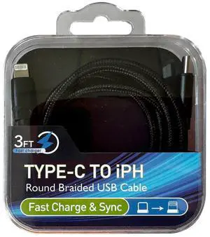 Power Delivery USB-C to 8-PIN Fast Charging & Sync Nylon-Braided 3FT Cable In Black
