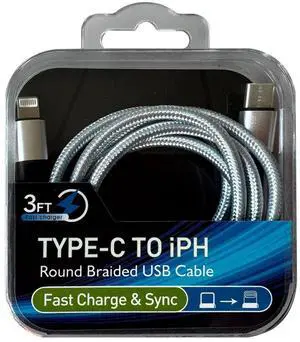 Power Delivery USB-C to 8-PIN Fast Charging & Sync Nylon-Braided 3FT Cable In Silver