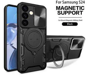 TPU PC Shockproof Magnetic Phone Case with Free Adjustment Ring Holder For Samsung Galaxy S24 in Black