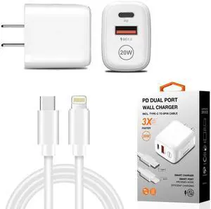 20W PD Dual Ports Travel Wall Charger Adapter Fast Charging with 4FT USB-C To 8-PIN Cable