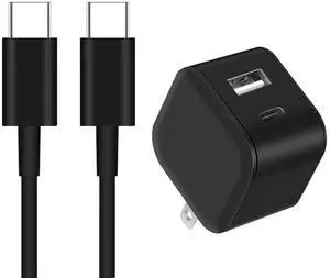PD Dual Ports Travel Wall Charger Adapter Fast Charging with 3FT USB-C to Type-C Cable in Black