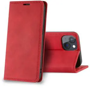 Magnetic wallet  Leather phone case For Apple iPhone 13 Mini (Red)