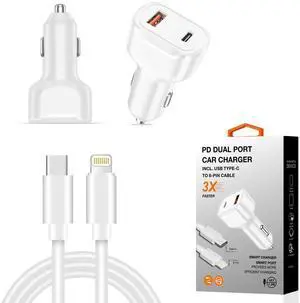 36W PD Dual Ports Travel Car Charger Adapter Fast Charging with USB-C To 8 Pin Cable