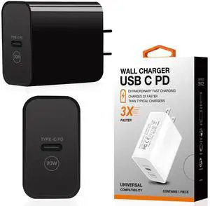 20W Power Delivery Travel Wall Charger Adapter with Type-C Port In Black