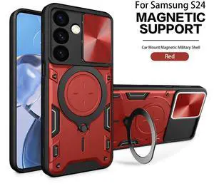 TPU PC Shockproof Magnetic Phone Case with Free Adjustment Ring Holder For Samsung Galaxy S24 in Red