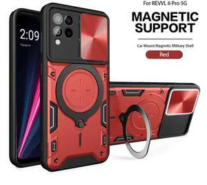 TPU PC Shockproof Magnetic Phone Case with Free Adjustment Ring Holder for REVVL 6 PRO 5G in Red