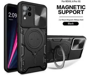 TPU PC Shockproof Magnetic Phone Case with Free Adjustment Ring Holder for REVVL 6 PRO 5G in Black