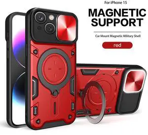 TPU PC Shockproof Magnetic Phone Case with Free Adjustment Ring Holder for IPHONE 15 in Red
