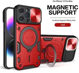 TPU PC Shockproof Magnetic Phone Case with Free Adjustment Ring Holder for IPHONE 15 PRO MAX in Red