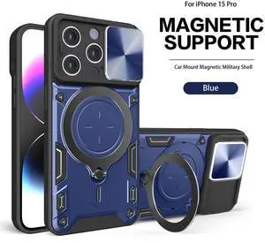 TPU PC Shockproof Magnetic Phone Case with Free Adjustment Ring Holder for IPHONE 15 PRO in Blue