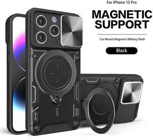 TPU PC Shockproof Magnetic Phone Case with Free Adjustment Ring Holder for IPHONE 15 PRO in Black